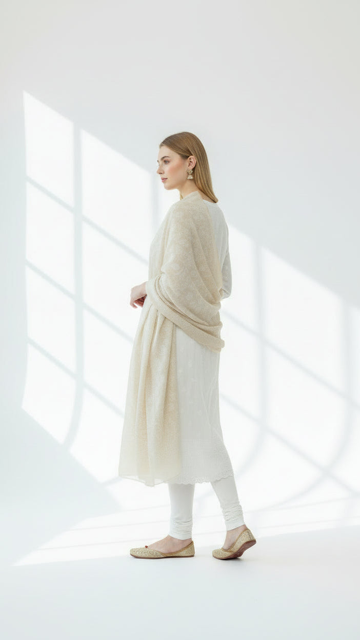 Woman wearing a beige sweater and white pants standing in a bright room with large windows.