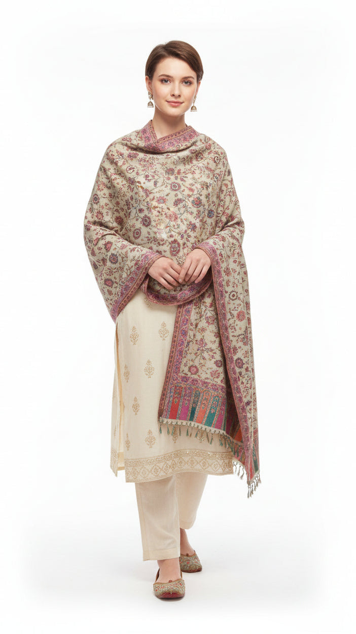 Woman wearing a patterned shawl over a white outfit on a white background