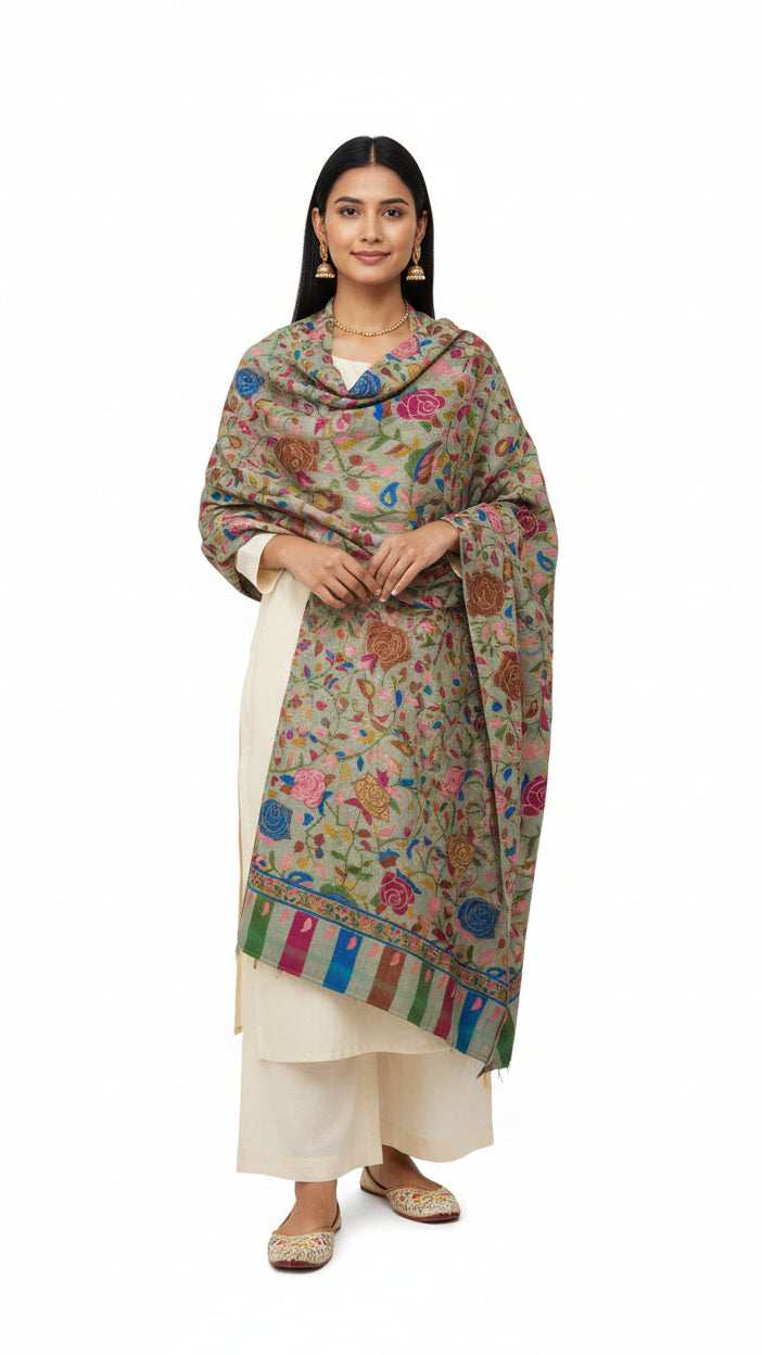 Woman wearing a floral patterned shawl on a white background