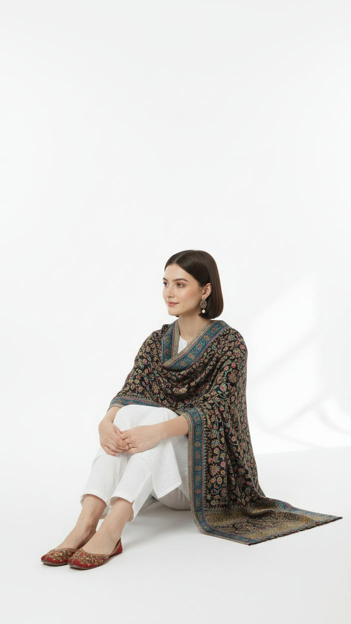 Woman sitting on a white background wearing a patterned shawl and white pants.