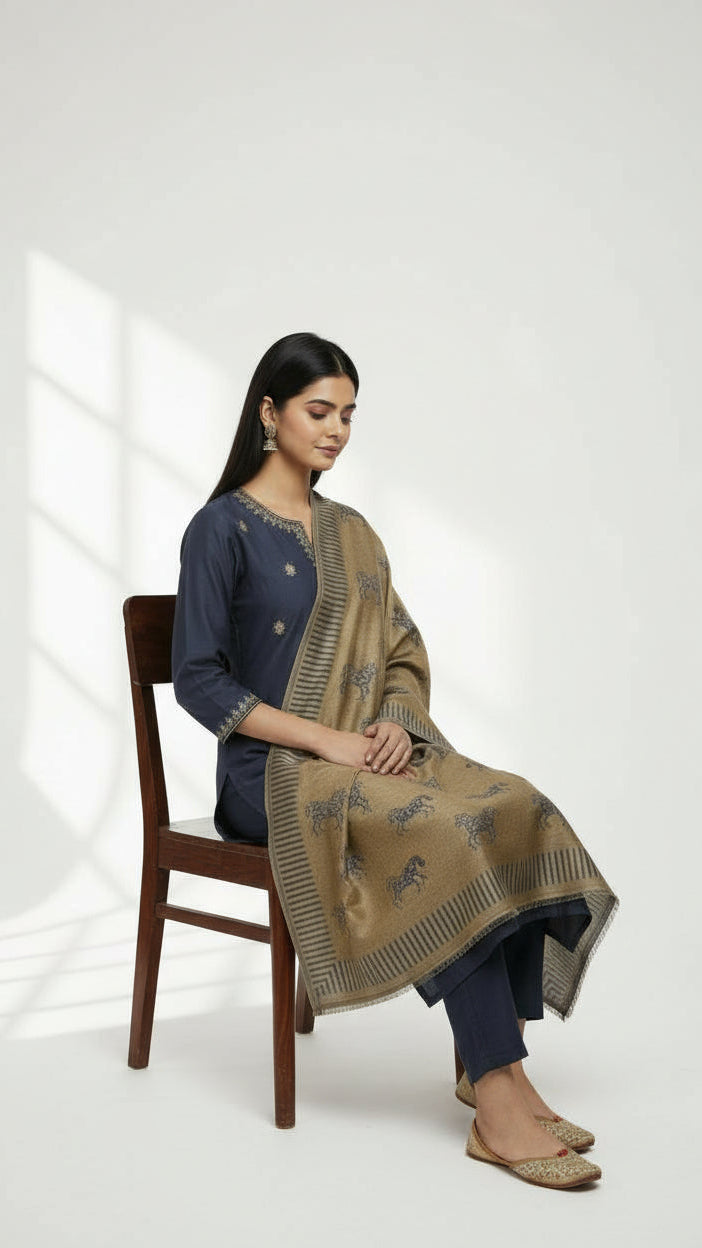 Woman sitting on a chair wearing a traditional outfit with a blue top and brown patterned dupatta.