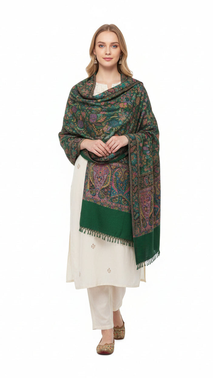 Woman wearing a green patterned shawl over a white outfit on a white background