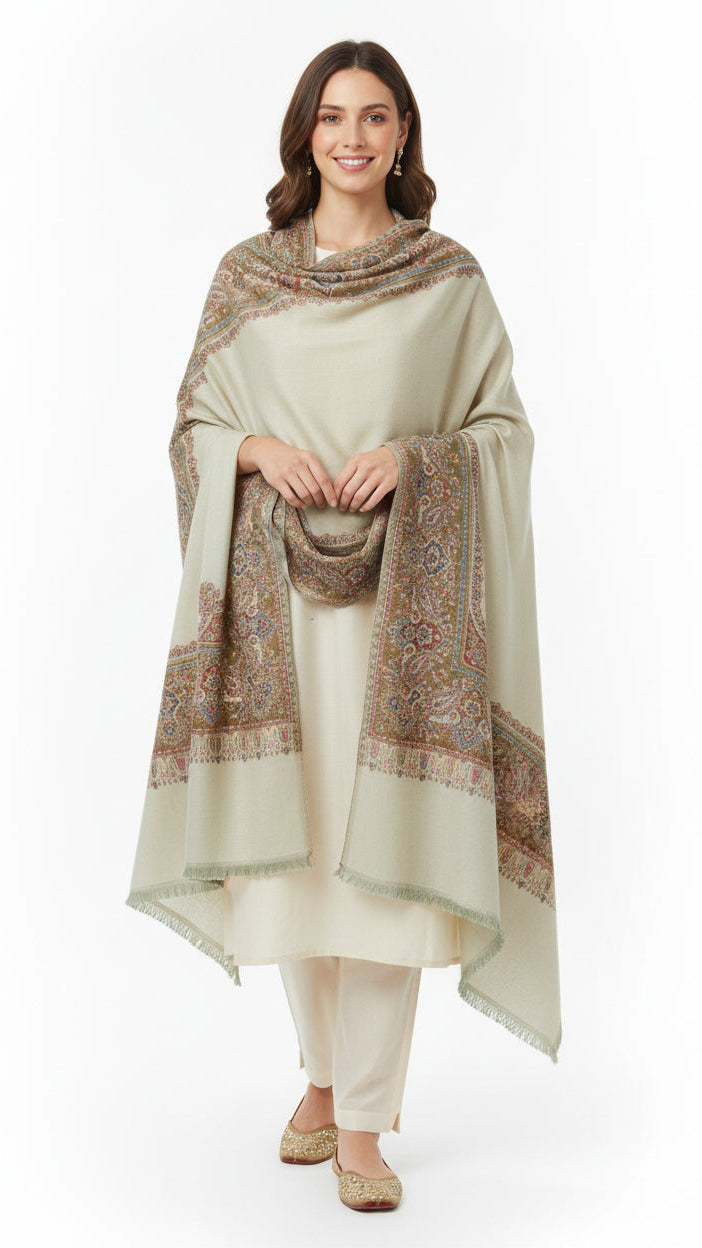 Woman wearing a cream shawl with brown patterns on a white background