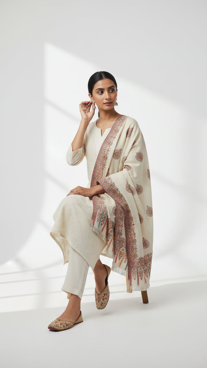 Woman in a white outfit with a patterned scarf sitting on a white background