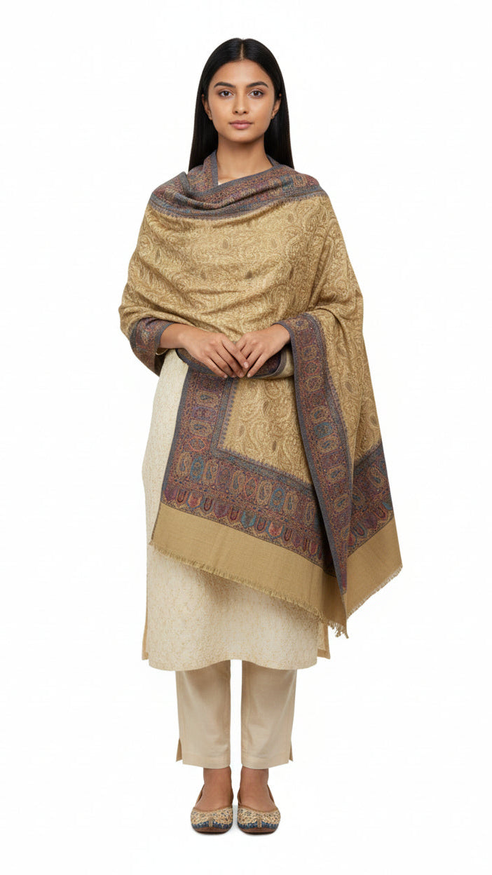 Woman wearing a beige traditional outfit with a patterned shawl on a white background