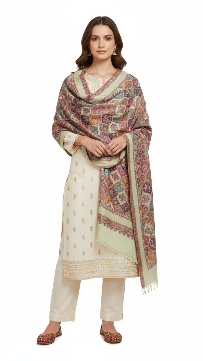 Woman wearing a traditional outfit with a patterned shawl on a white background