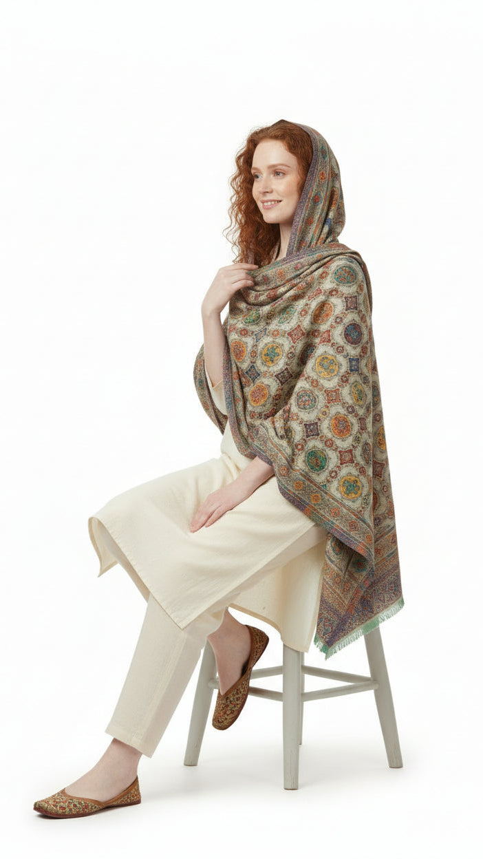 Woman sitting on a stool wearing a patterned shawl over her shoulders against a white background