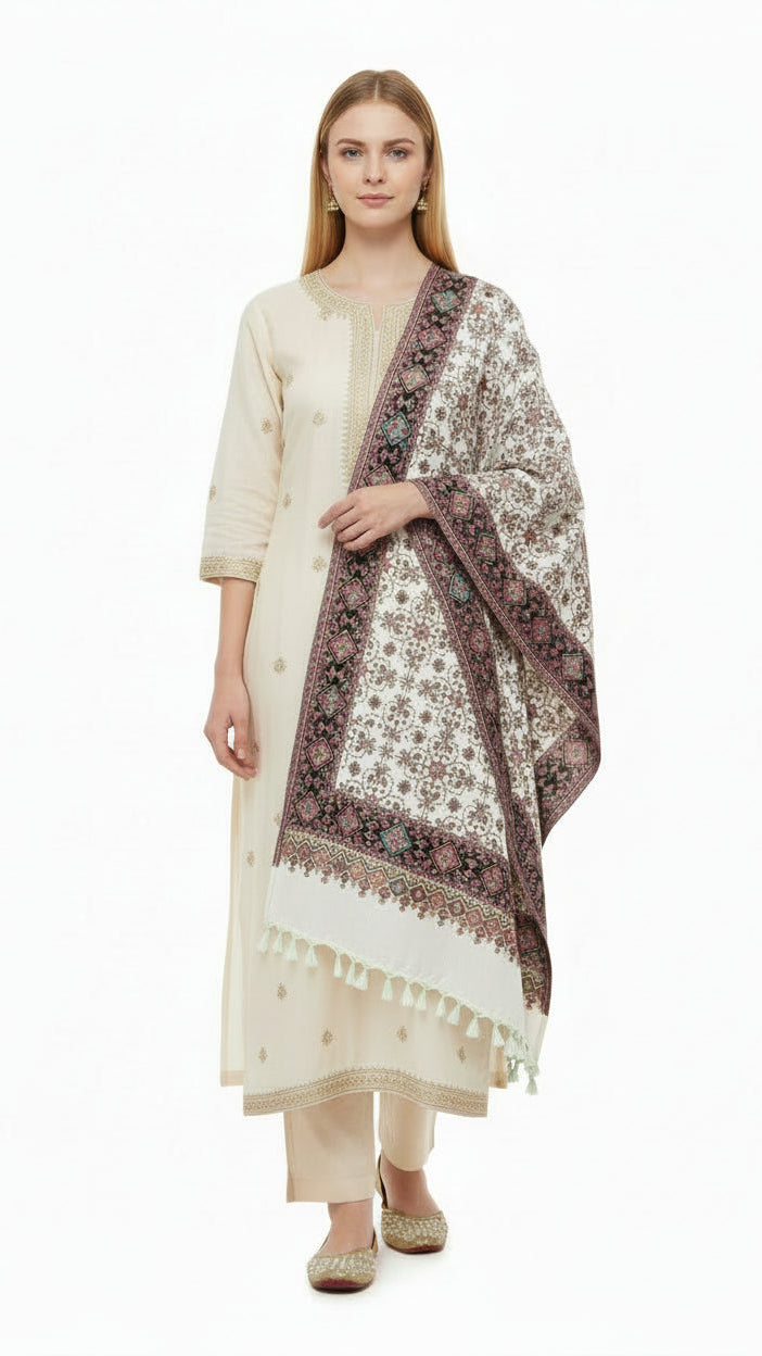 Woman wearing a cream kurta with a floral dupatta on a white background