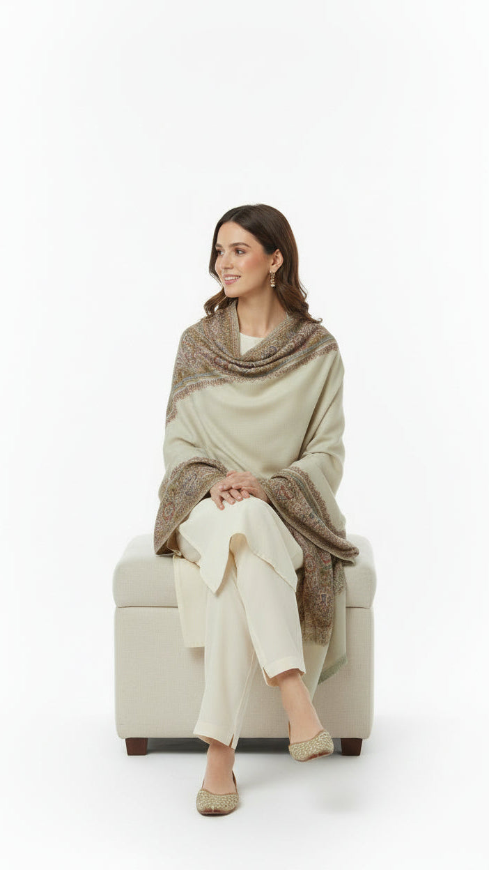 Woman sitting on a chair wearing a beige shawl and white pants against a white background
