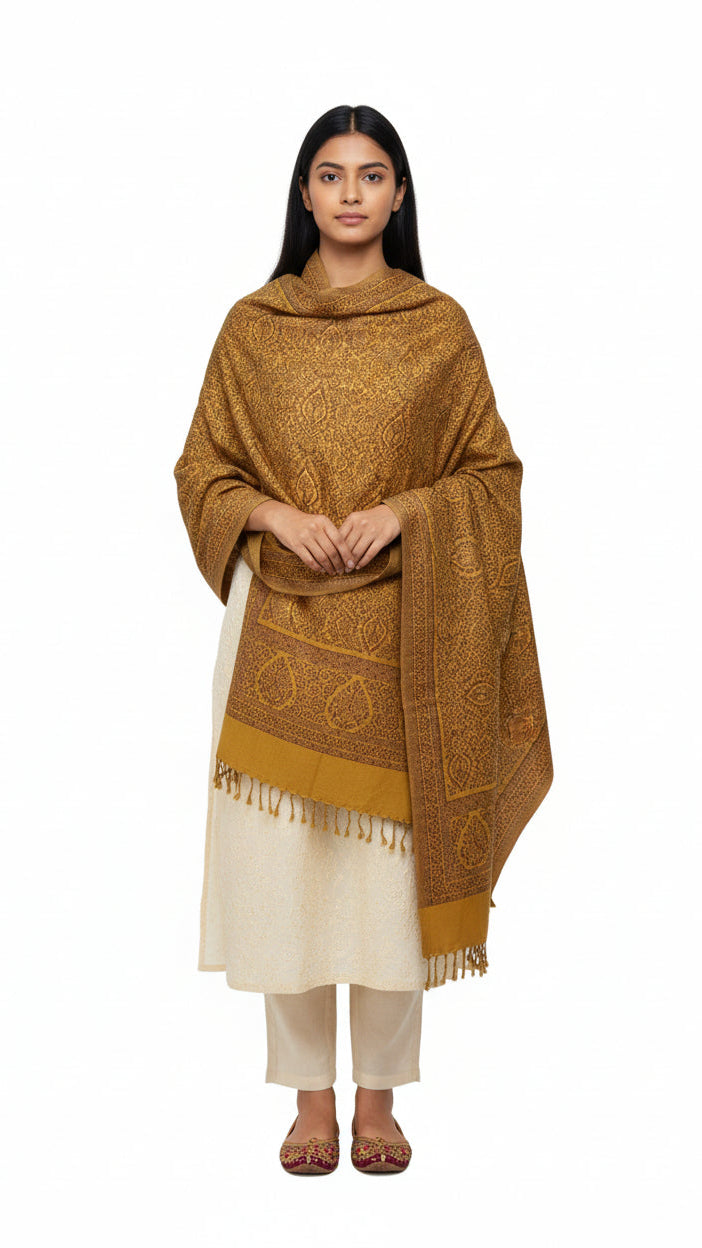 Woman wearing a mustard yellow patterned shawl over a white outfit on a white background