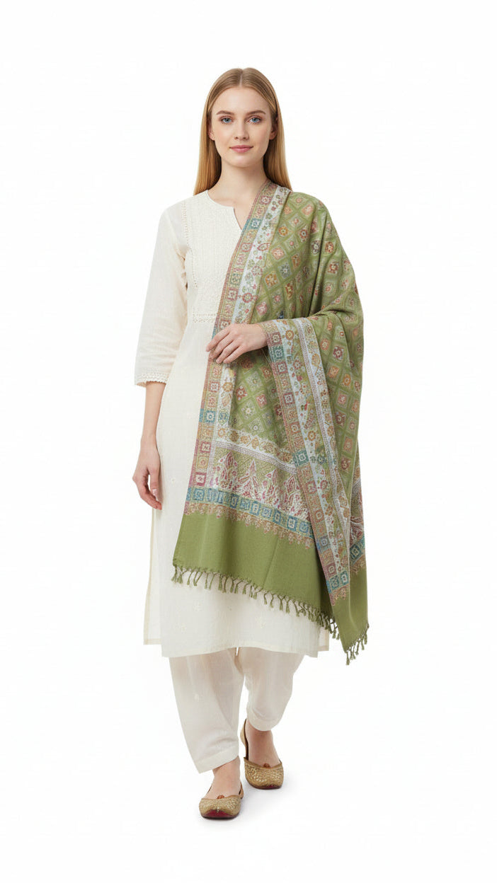 Woman wearing a green patterned scarf over a white outfit on a white background