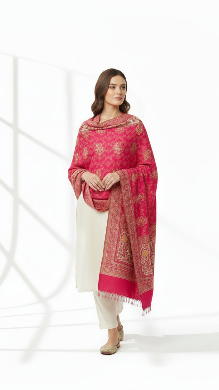 Woman wearing a pink traditional dupatta with white background