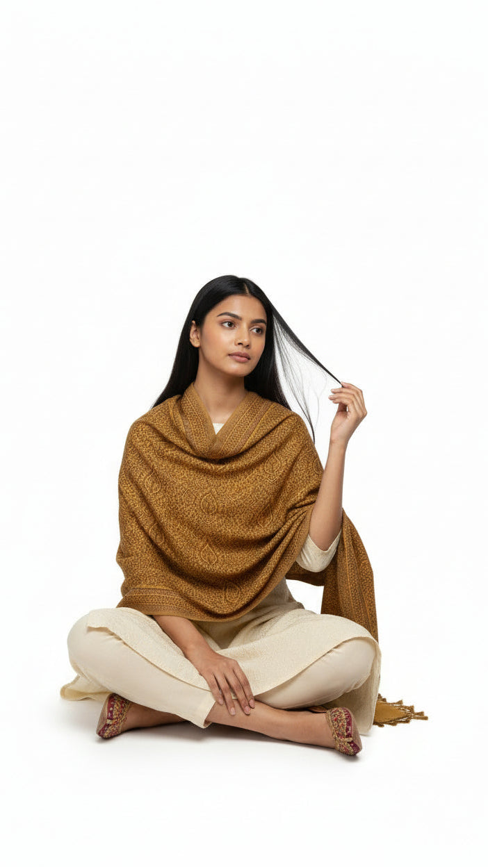Woman sitting on a white background wearing a brown shawl