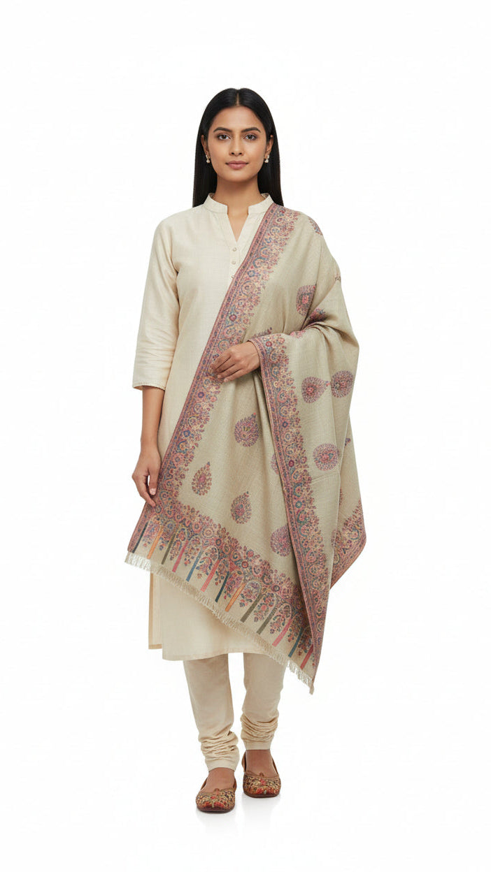 Woman wearing a beige traditional outfit with a matching dupatta on a white background