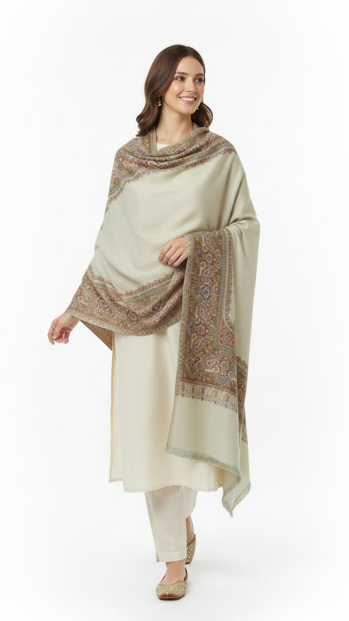 Woman wearing a cream kurta with a patterned shawl on a white background