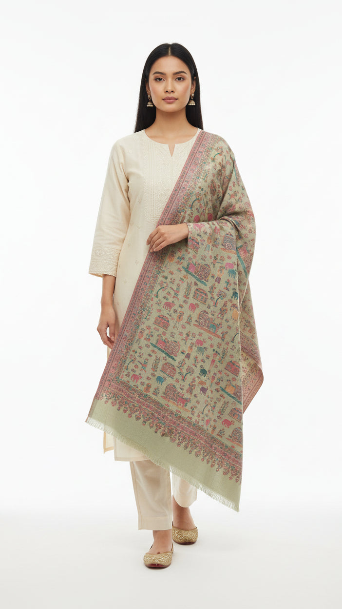 Woman wearing a traditional outfit with a patterned dupatta on a white background