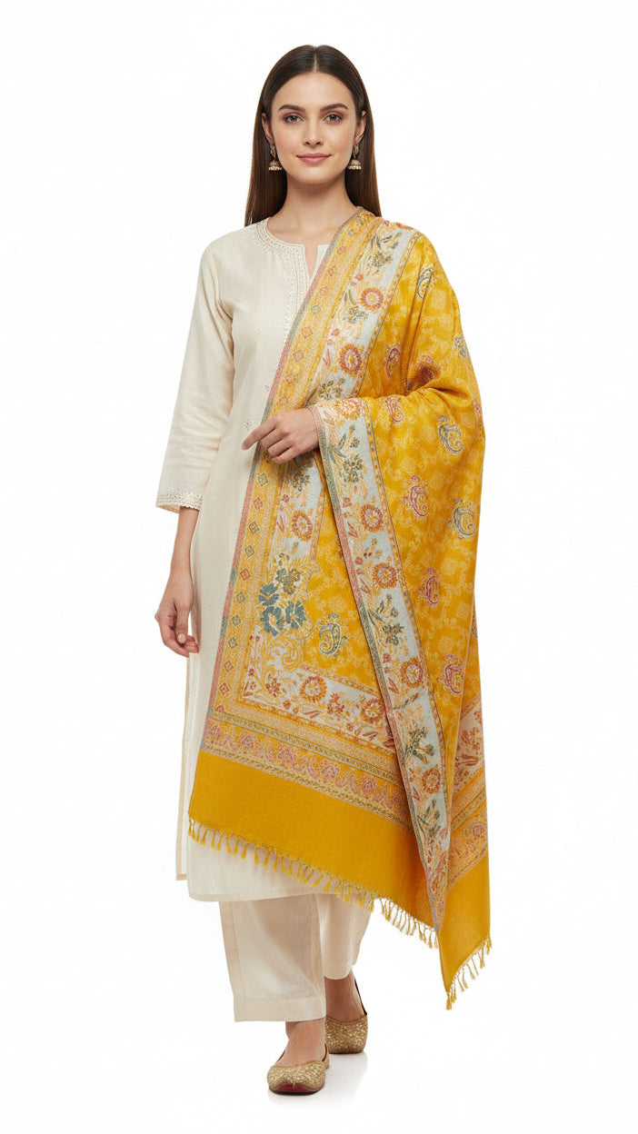 Woman wearing a yellow patterned dupatta over a white outfit on a white background